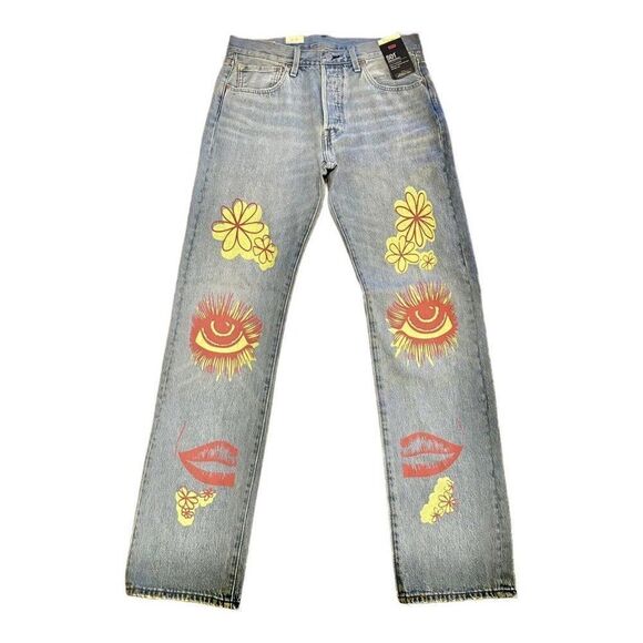 LEVIS 33x34 Premium 501 Original SUMMER LOVE JEANS Festival Sun Floral Groovy - Picture 1 of 15